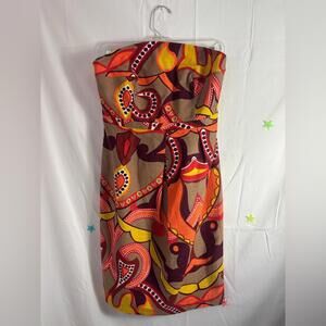 Brown with Multicolor Paisley Boho Retro Strapless Mini Dress Women’s Size 6
